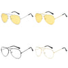 Pair of classic pilot sunglasses with gold-toned frames and yellow mirror lenses shown in multiple views.