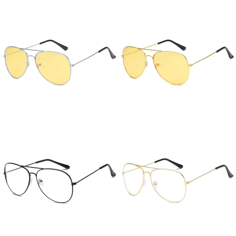 Pair of classic pilot sunglasses with gold-toned frames and yellow mirror lenses shown in multiple views.