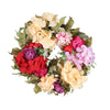 Artificial hydrangea wreath featuring mixed pink, yellow, and red flowers on green foliage