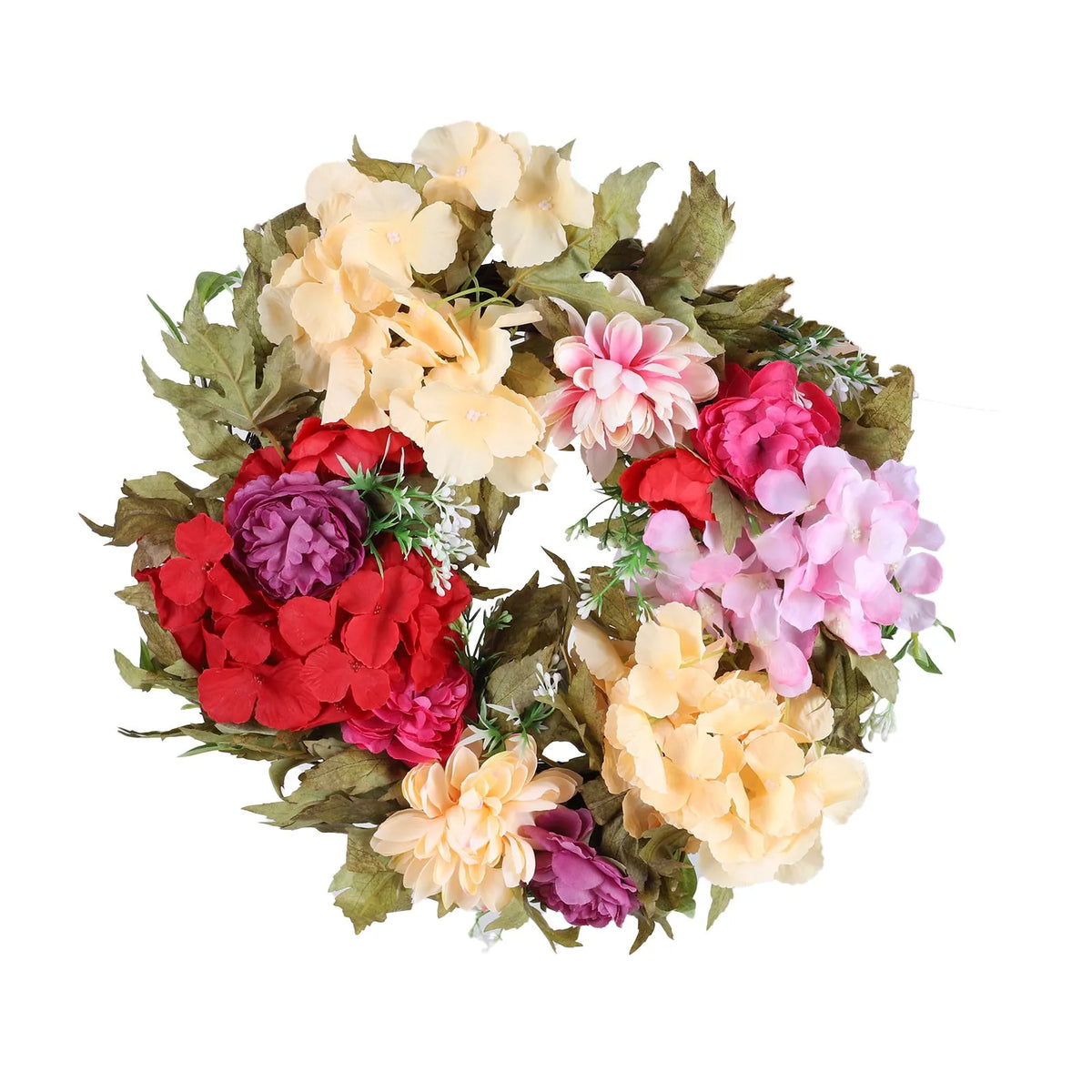 Artificial hydrangea wreath featuring mixed pink, yellow, and red flowers on green foliage