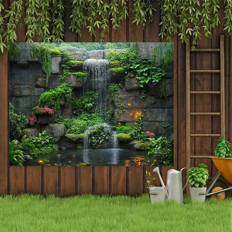 A vertical tapestry featuring a natural rock waterfall and lush green foliage set against a wooden background.