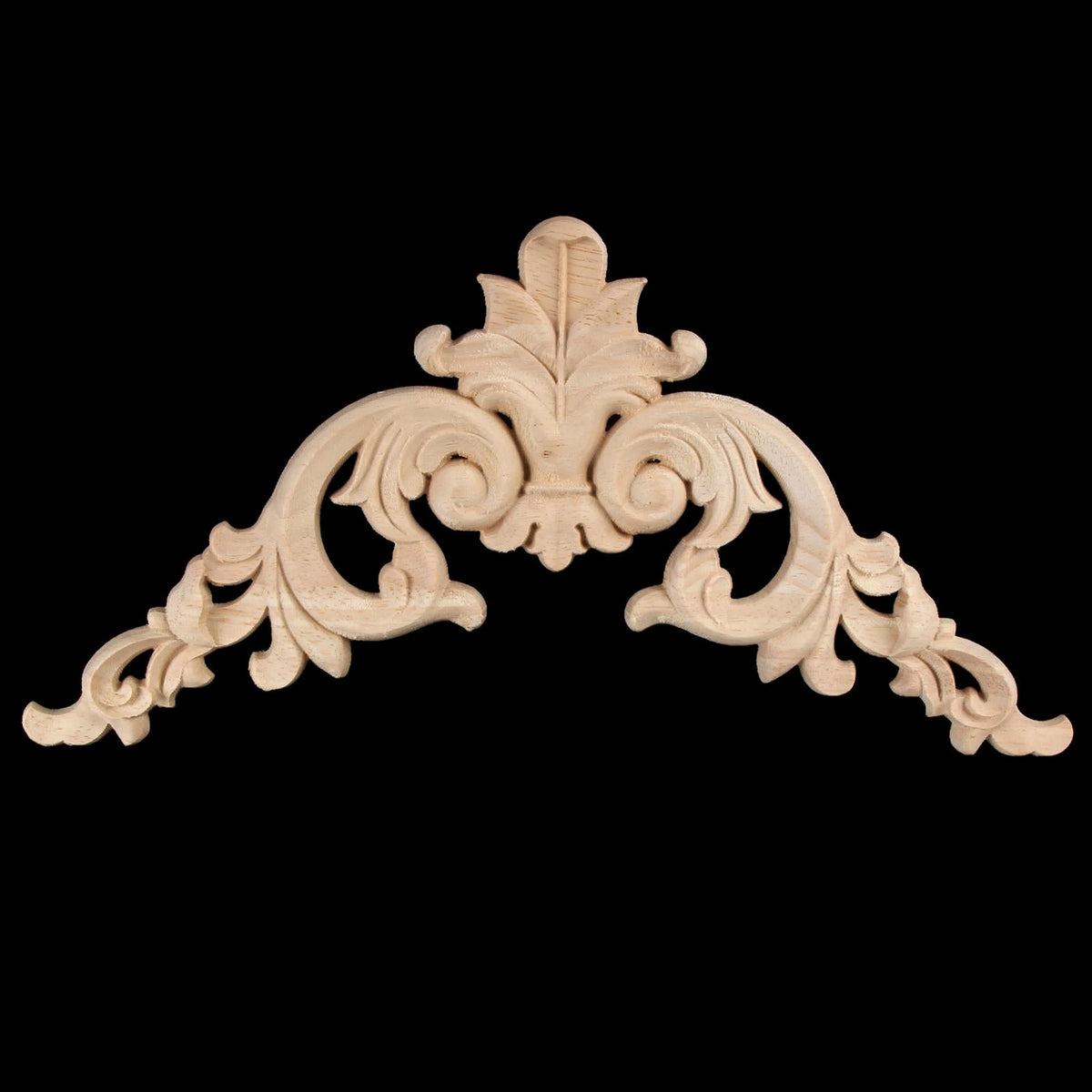 A pair of intricately carved oak wood corner decorations featuring a branch and crown design.