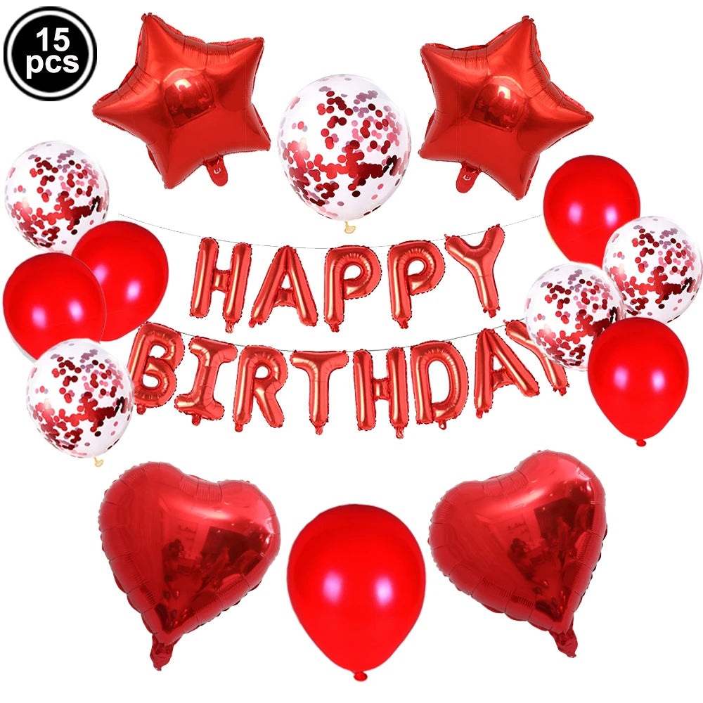 A set of 15 foil letter balloons in pink and red colors for a birthday party decoration.