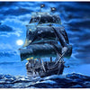 A historical painting of a sailing ship resembling the Bismarck-Class Battleship on stormy blue seas under a dark sky.