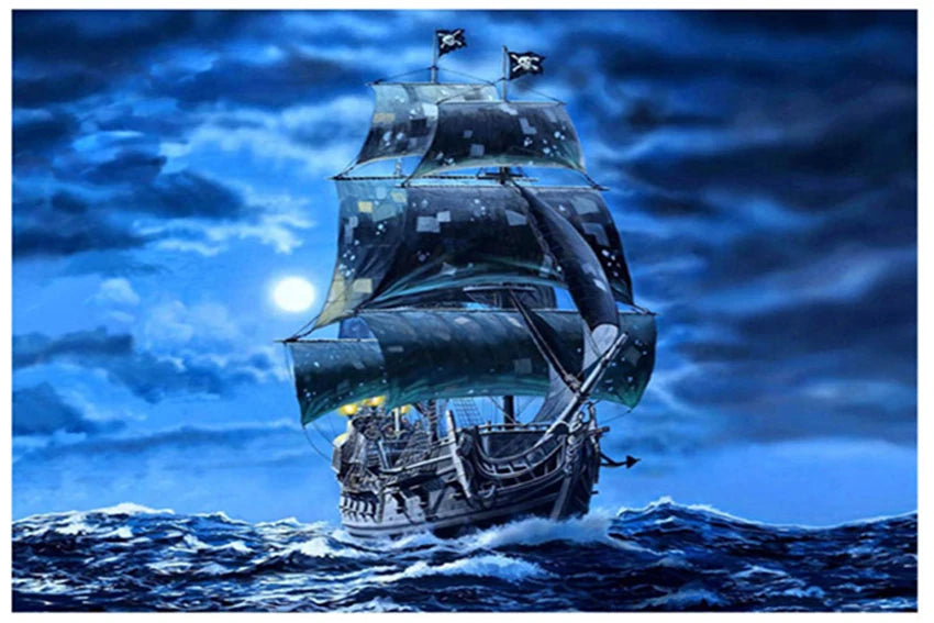 A historical painting of a sailing ship resembling the Bismarck-Class Battleship on stormy blue seas under a dark sky.
