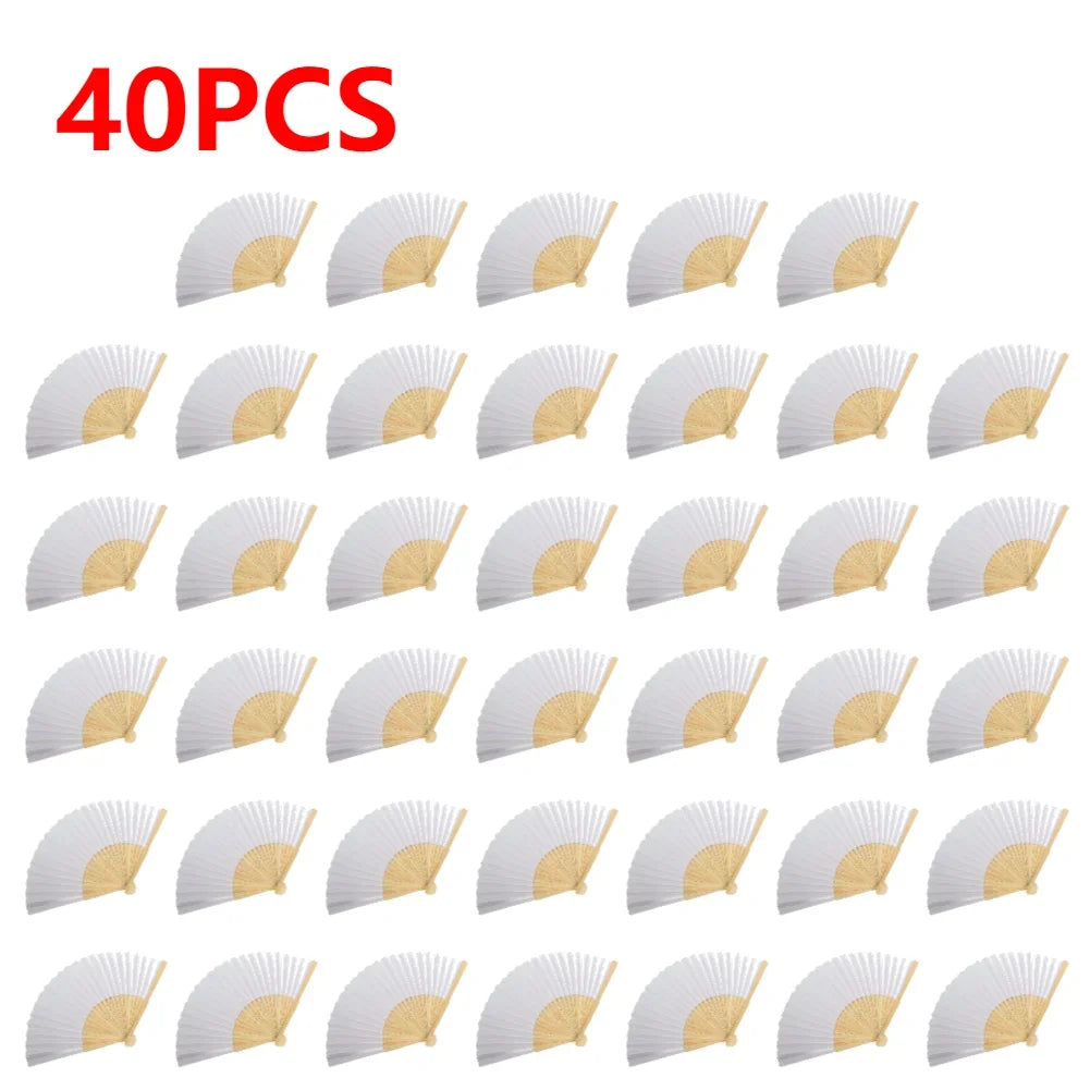 40 pieces of DIY bamboo folding fans in white and gold colors