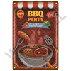 A vintage metal tin sign advertising a BBQ party with fresh meat, featuring grilling tools and rustic design.