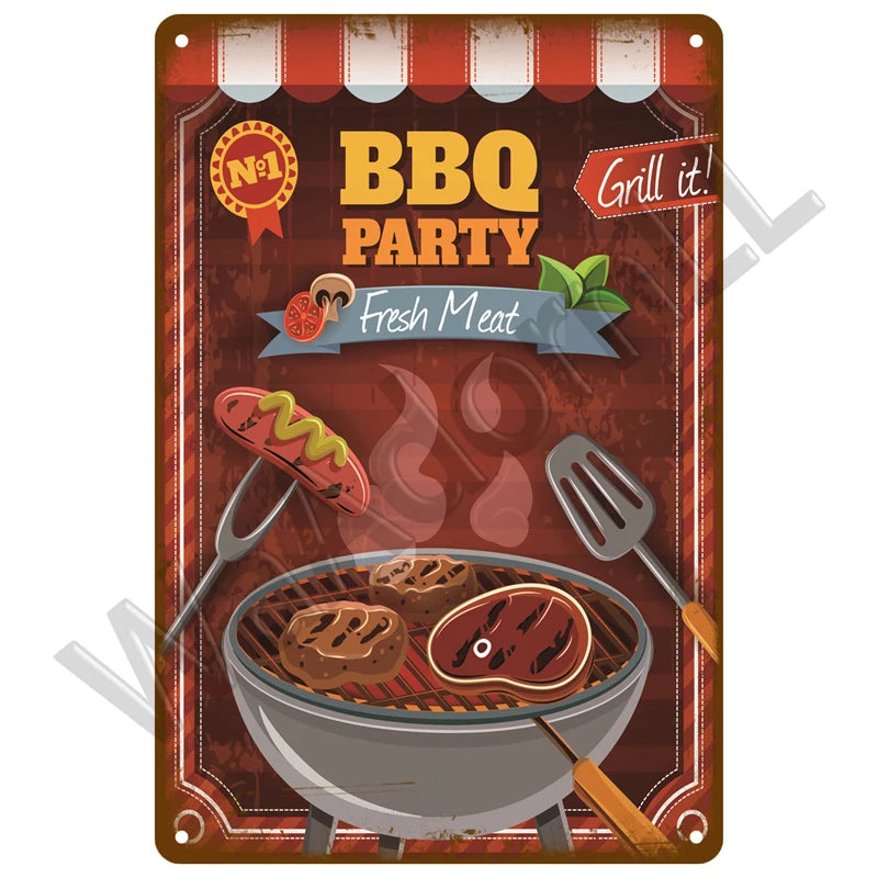 A vintage metal tin sign advertising a BBQ party with fresh meat, featuring grilling tools and rustic design.