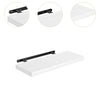 A white wooden floating wall shelf with a black hidden bracket and mounting hardware.