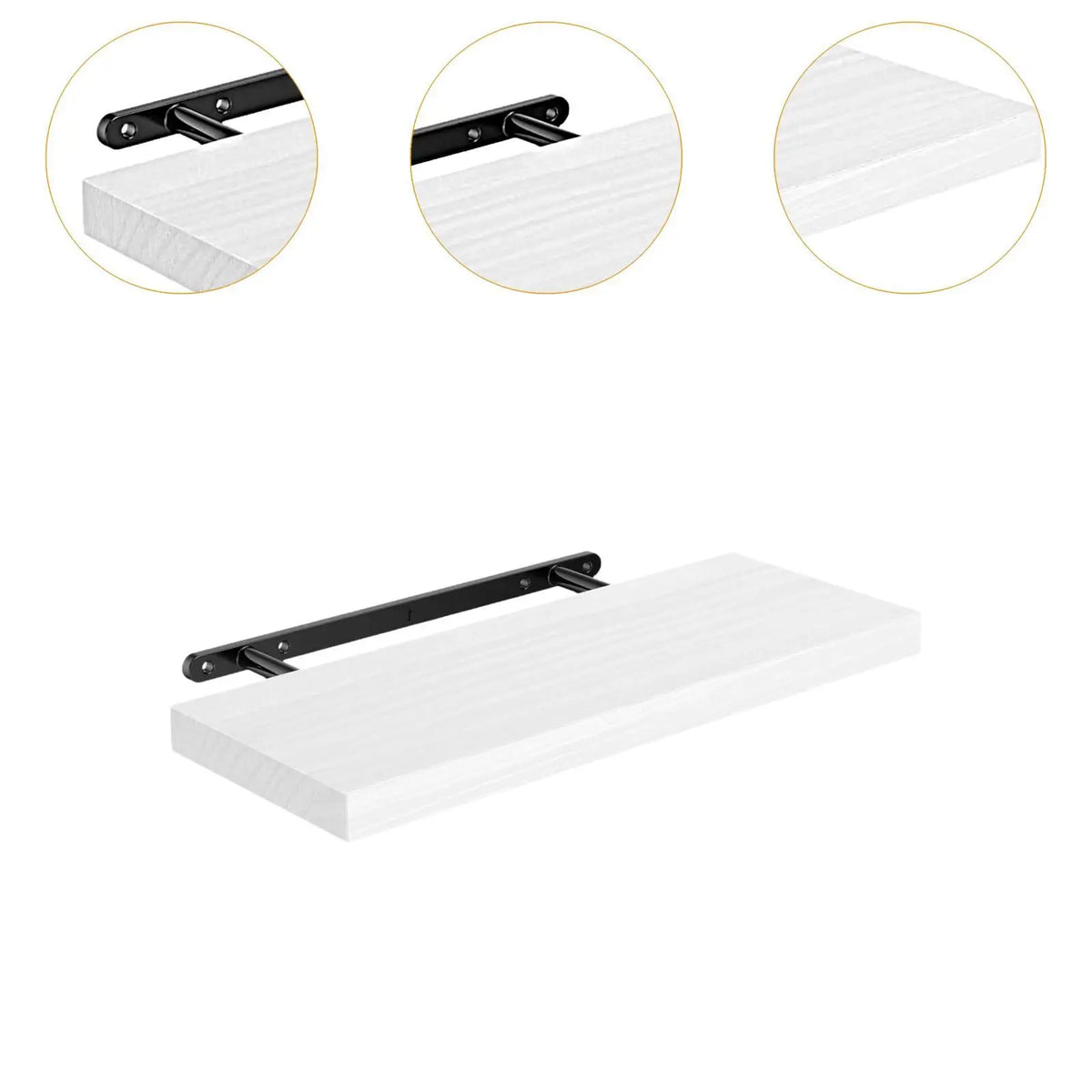A white wooden floating wall shelf with a black hidden bracket and mounting hardware.