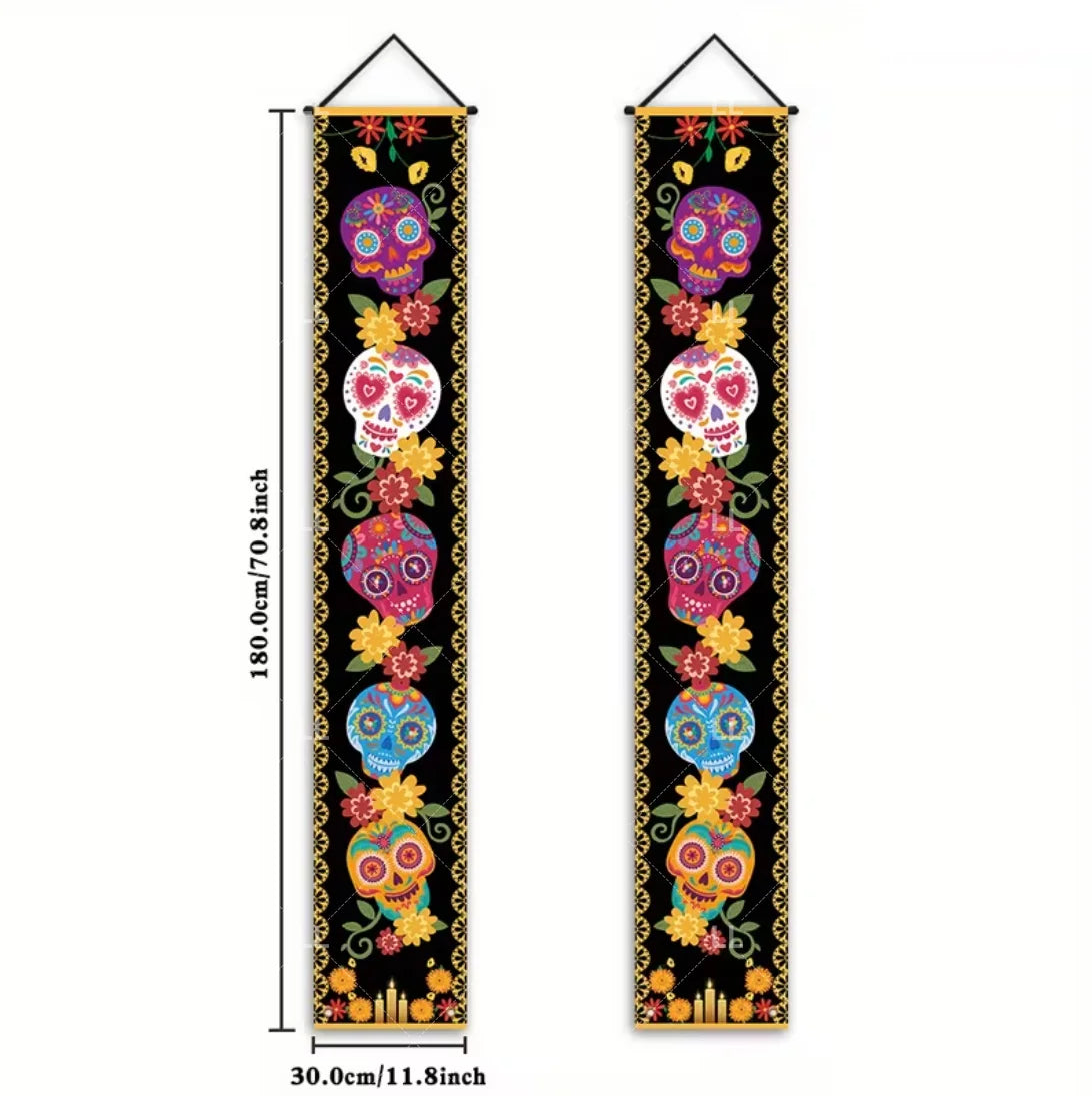 Vertical banner featuring colorful Mexican skull and floral motifs on a black background