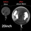 Comparison of clear balloons, showing a before size of 20cm and an after size of about 36cm.