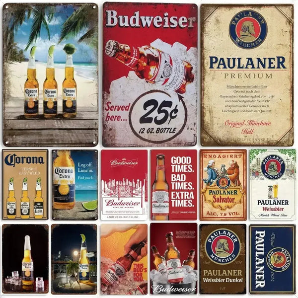 A collection of vintage beer metal signs featuring Budweiser, Paulaner, and Corona logos.
