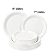 A set of white disposable paper plates, including 7 inch and 9 inch round plates.