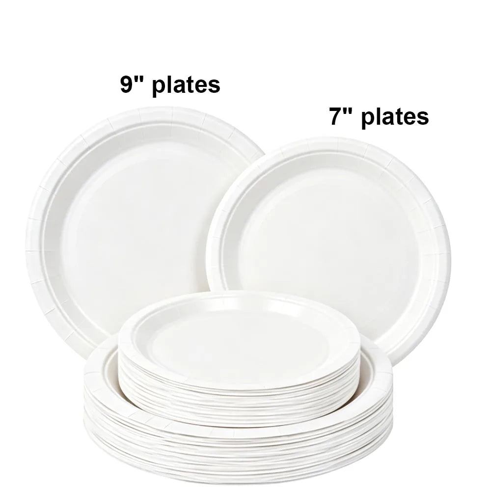 A set of white disposable paper plates, including 7 inch and 9 inch round plates.