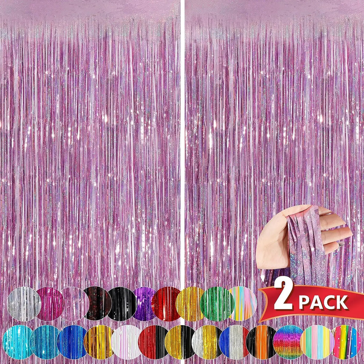 A variety of iridescent and glittery ribbon strips in various colors are displayed against a purple background.