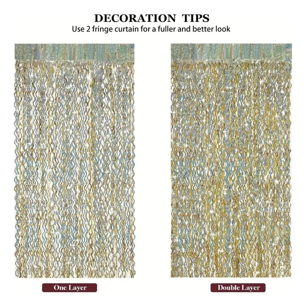 Comparison of a single layer and double layer gold laser wavy foil fringe curtain decor