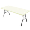 A rectangular white tablecloth stretched over a black metal frame for a table.
