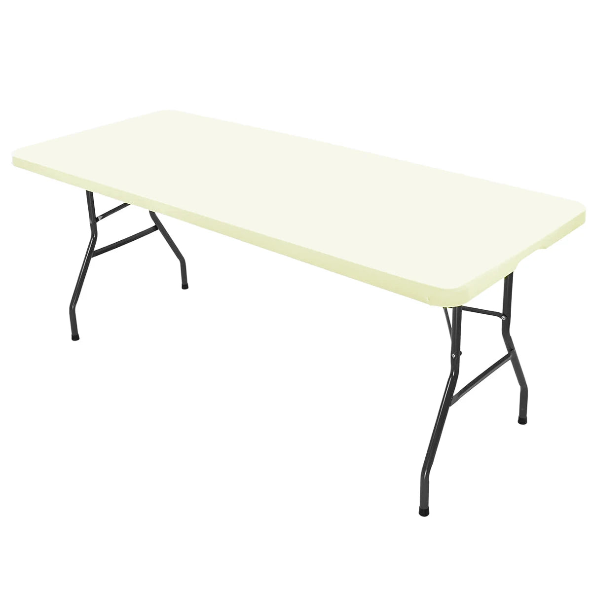 A rectangular white tablecloth stretched over a black metal frame for a table.