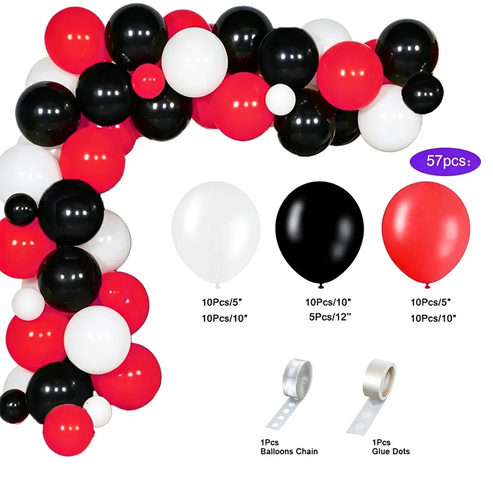 Kit de guirlande de ballons pour fête de voiture de course, avec des ballons rouges et noirs et des points de colle.