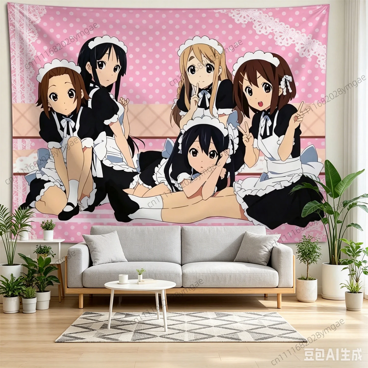 A wall tapestry featuring four anime girls in maid outfits against a pink background for room decor