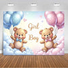A pastel gender reveal backdrop featuring two teddy bears, one girl and one boy, surrounded by balloons and clouds.