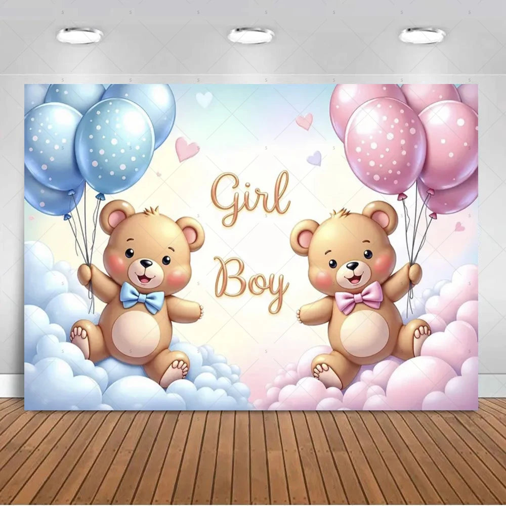 A pastel gender reveal backdrop featuring two teddy bears, one girl and one boy, surrounded by balloons and clouds.