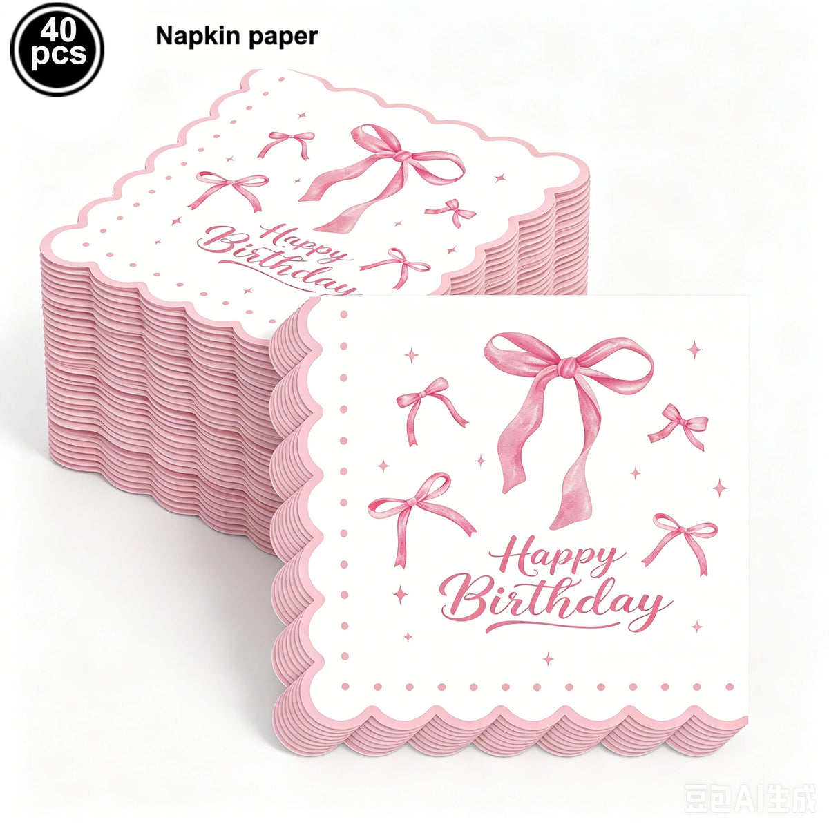A stack of pink napkin paper with a birthday ribbon design and a single sheet featuring a happy birthday message