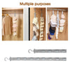 A silver hanging hat organizer rack displaying various hats and clothing items for closet storage.