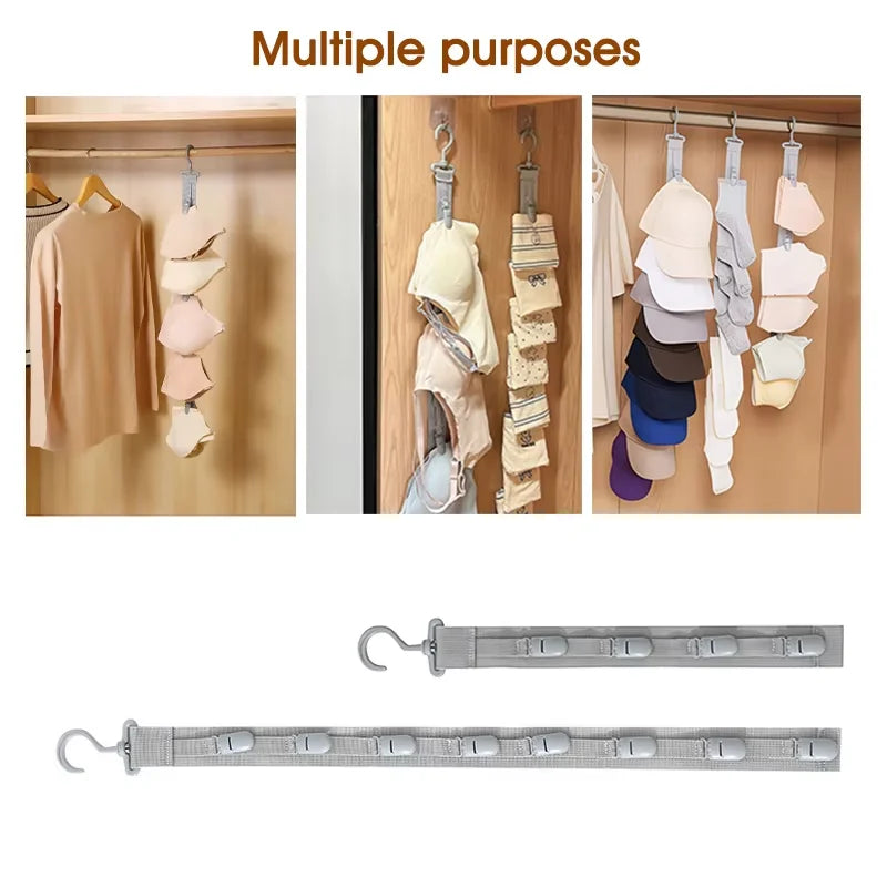 A silver hanging hat organizer rack displaying various hats and clothing items for closet storage.