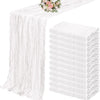 White semi-sheer cheesecloth table runner set displayed on a table.
