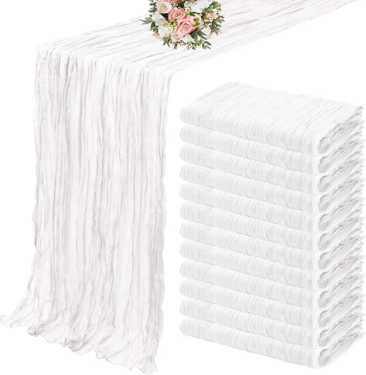 White semi-sheer cheesecloth table runner set displayed on a table.