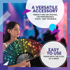 A woman holds an open folding bamboo hand fan, showcasing its versatile accessory design.