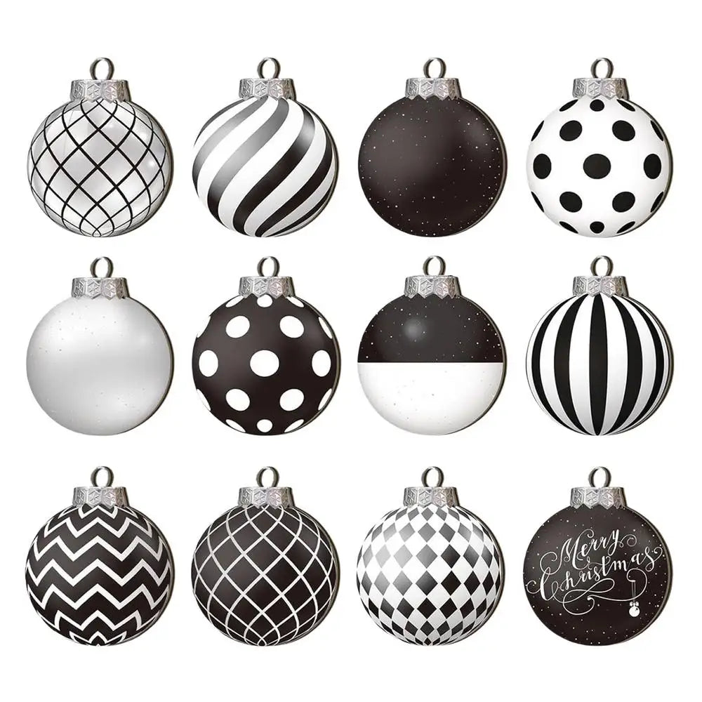 A collection of black and white patterned spherical Christmas ornaments featuring polka dots, stripes, and geometric designs.