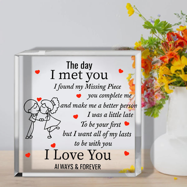 A clear acrylic plaque with a heartfelt message that reads I Love You and Ai Ways Forever surrounded by yellow flowers