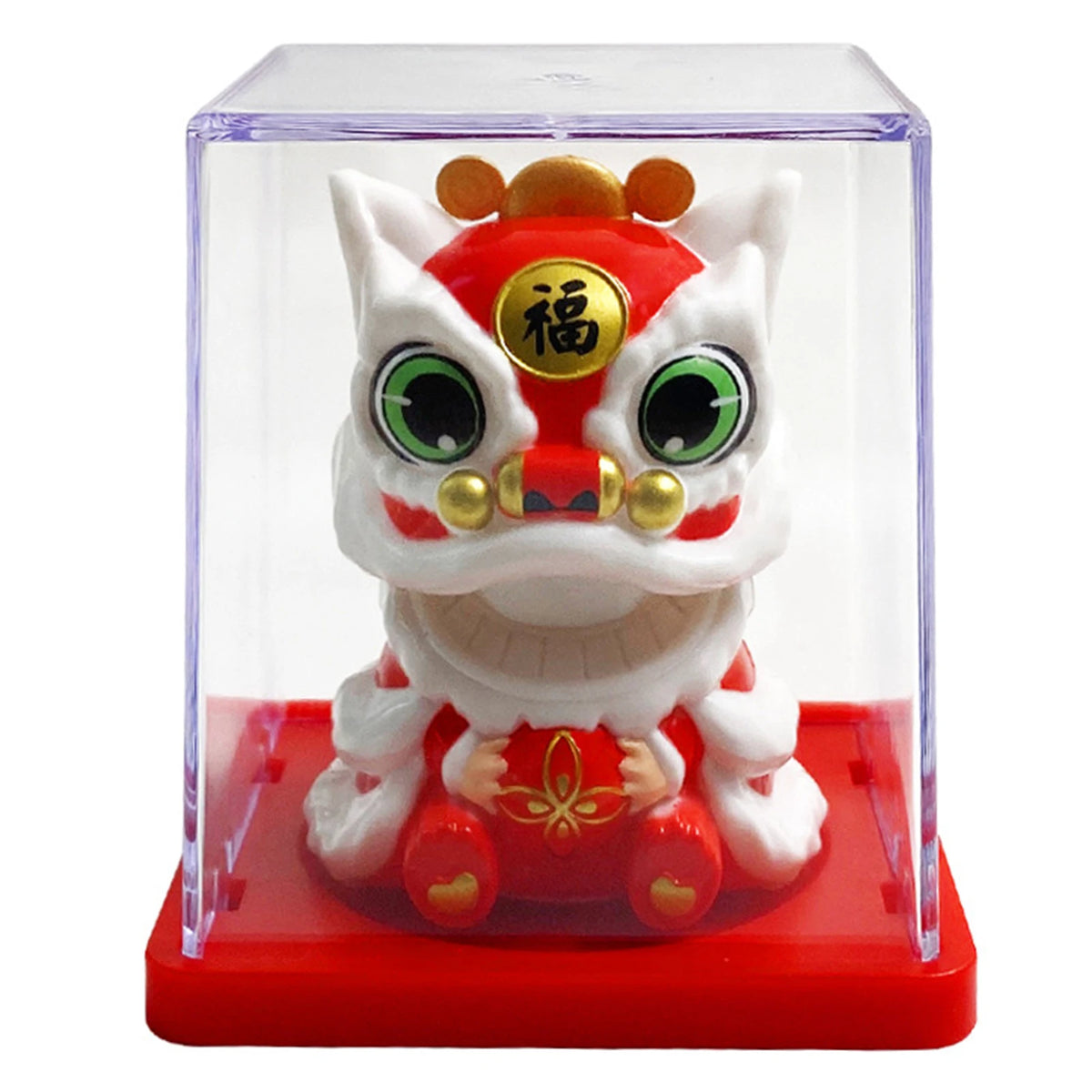 A solar-powered waving lucky cat figurine with white fur, red accents, and gold details displayed in a clear box.