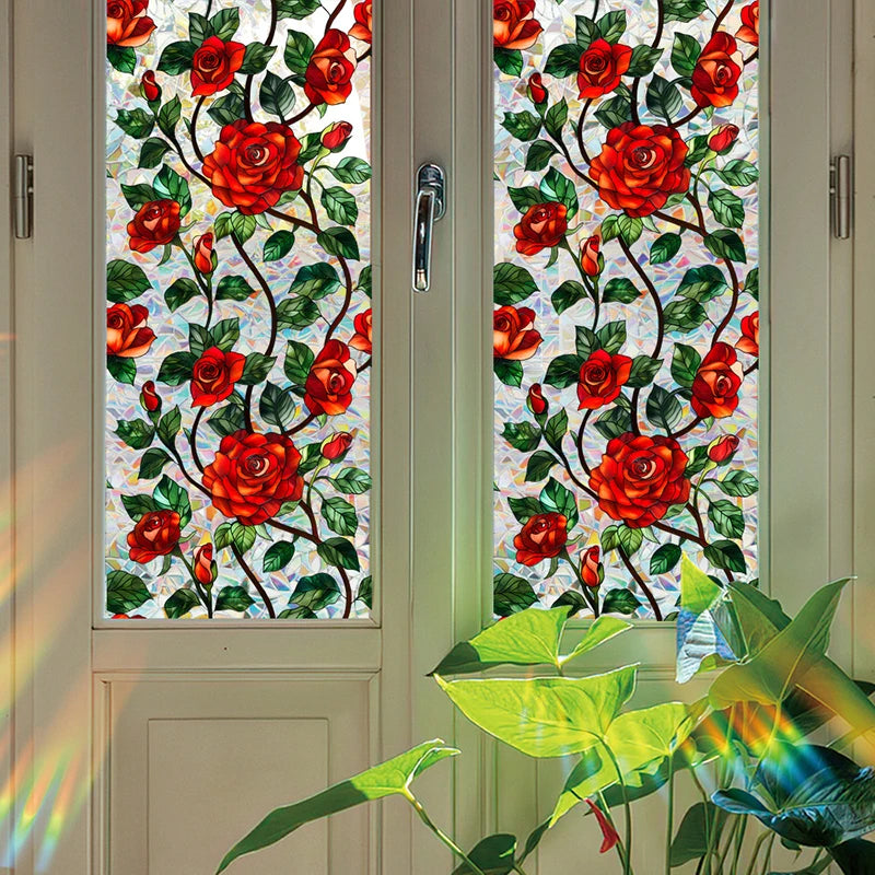 Botanical print static cling window film featuring vibrant red roses and green foliage.