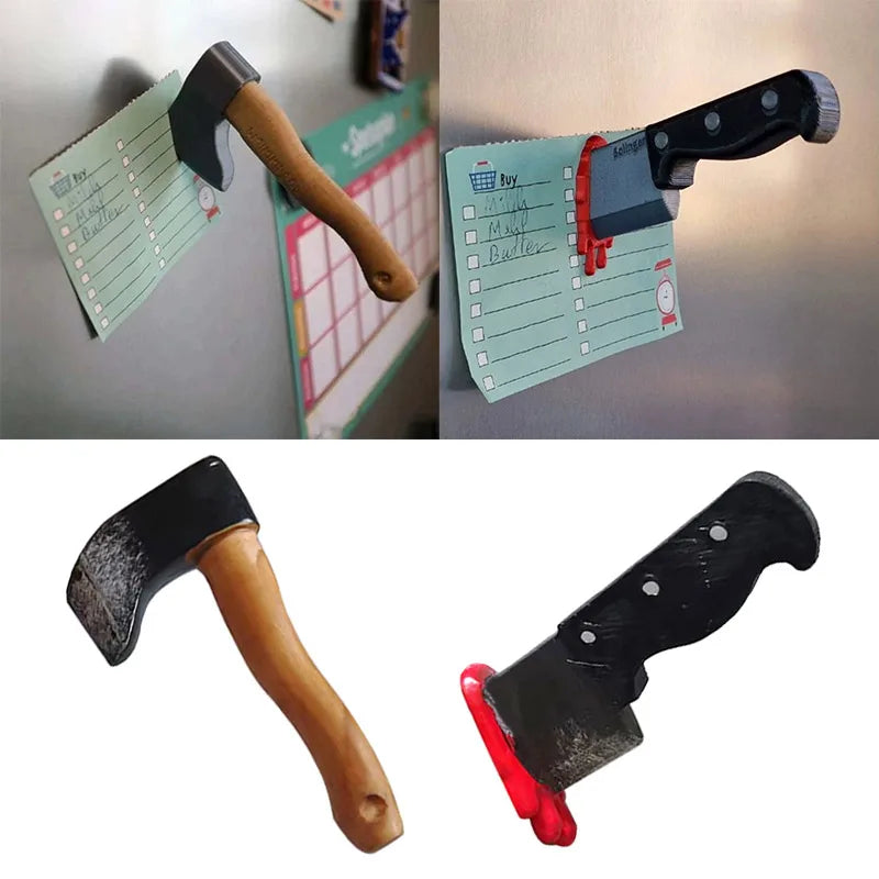 A set of three 3D wooden and metal axes used as fridge magnets for kitchen decor.