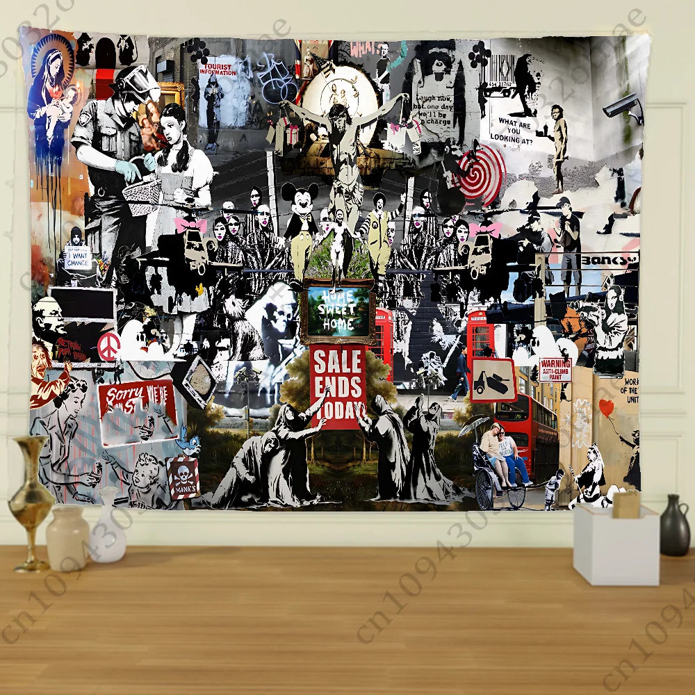 A tapestry featuring Banksy-inspired street graffiti art depicting various figures and scenes.