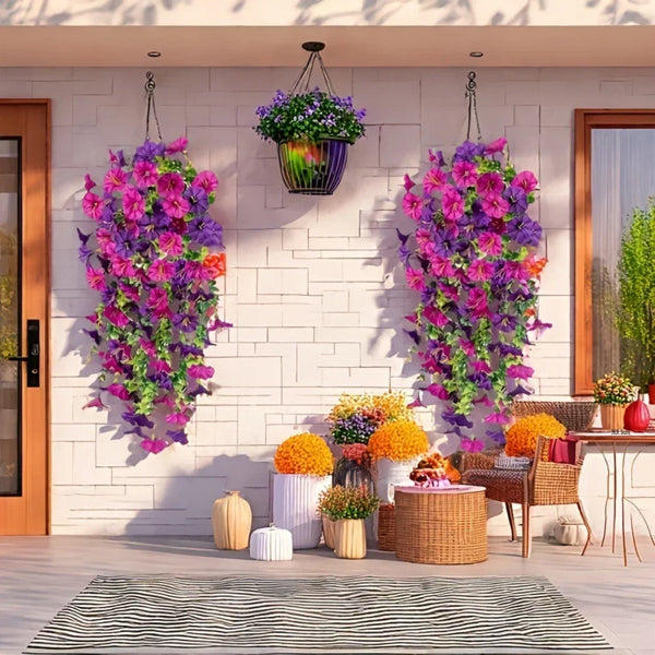 Affichage vertical de fleurs de bougainvilliers violettes et roses et de guirlandes d'eucalyptus vert suspendues sur un mur d