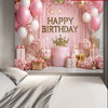 2D flat banner showing an elegant pink and gold happy birthday backdrop with balloons, roses, and a golden crown.