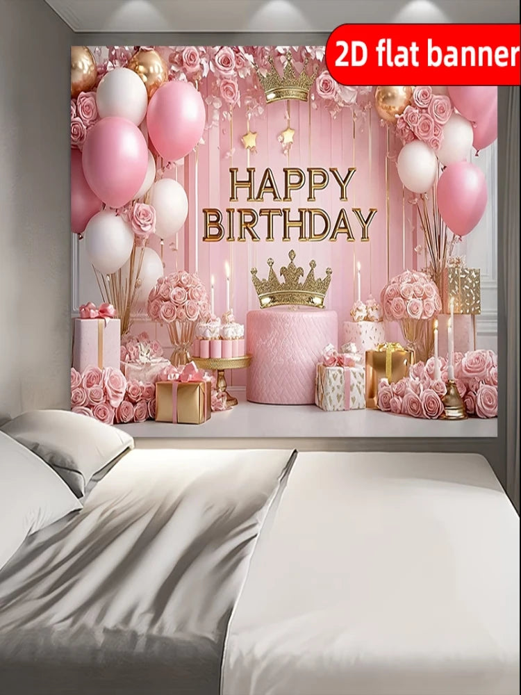 2D flat banner showing an elegant pink and gold happy birthday backdrop with balloons, roses, and a golden crown.
