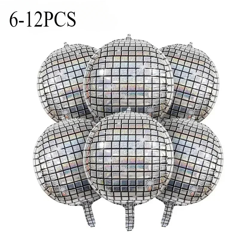 A set of six silver disco ball foil balloons for birthday party decorations