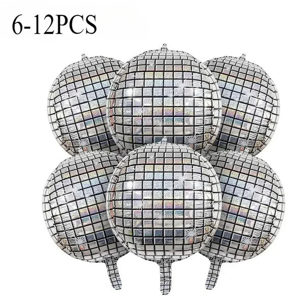 A set of six silver disco ball foil balloons for birthday party decorations