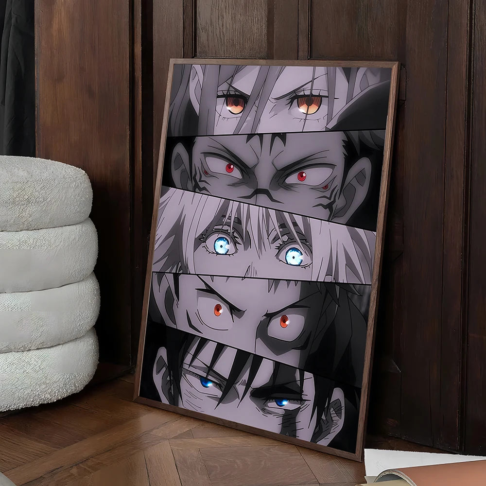 A vertical canvas poster featuring a collage of intense Jujutsu Kaisen characters with striking eyes.