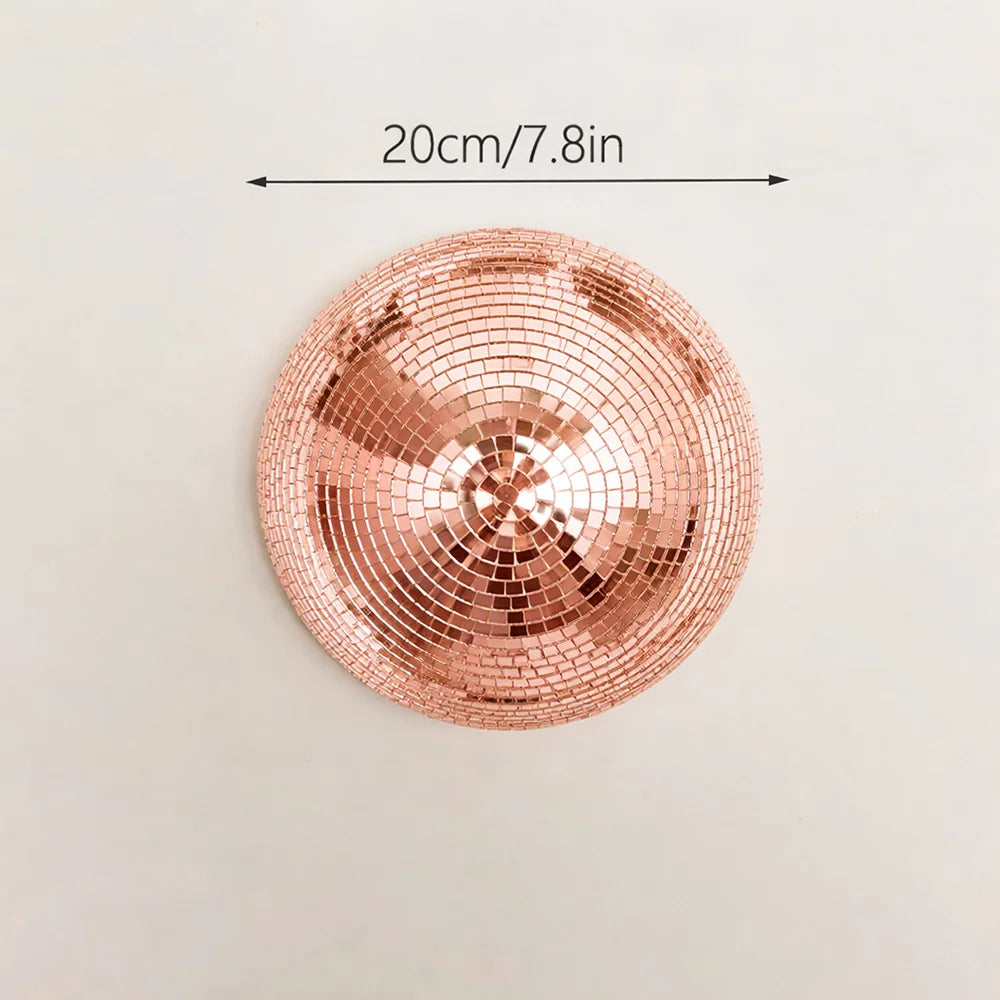 Round rose gold mosaic disco ball wall decor measuring 20cm or 7.8 inches.