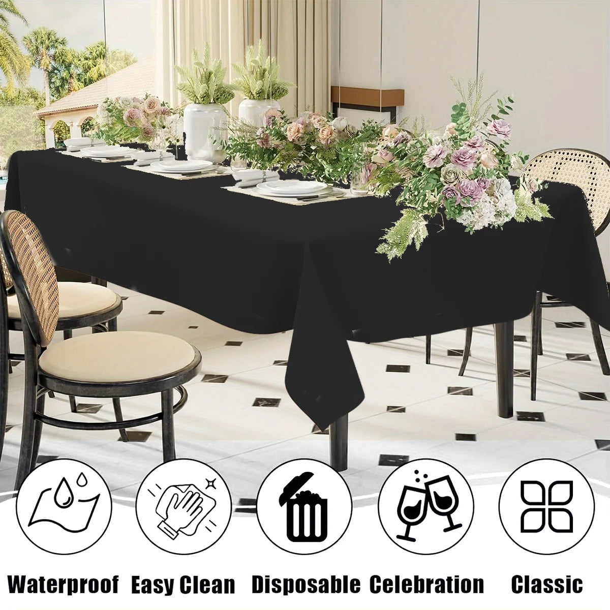 Elegant black disposable plastic tablecloth used for weddings and parties.