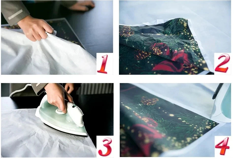 Four steps showing how to use the Rose Princess Magic Castle birthday party backdrop for decoration.