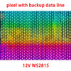 A close-up of a string of pixel LED lights with a backup data line, displaying various colors.