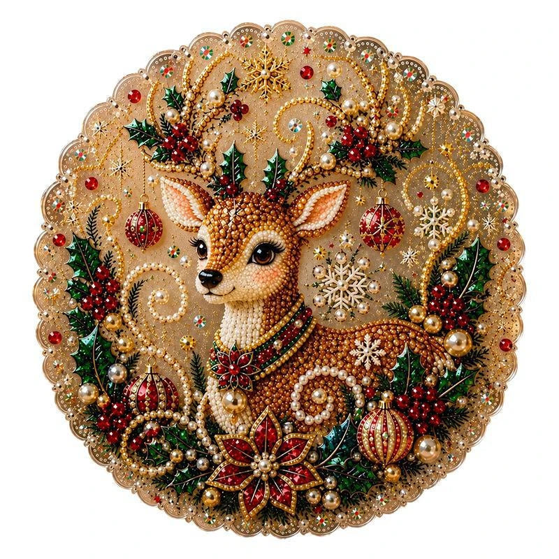 A detailed diamond painting featuring a deer adorned with festive greenery and sparkling ornaments.